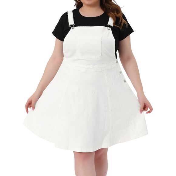Agnes Orinda Pants - Plus Size Jeans Suspender Skirt Patch Pocket Denim Overall White